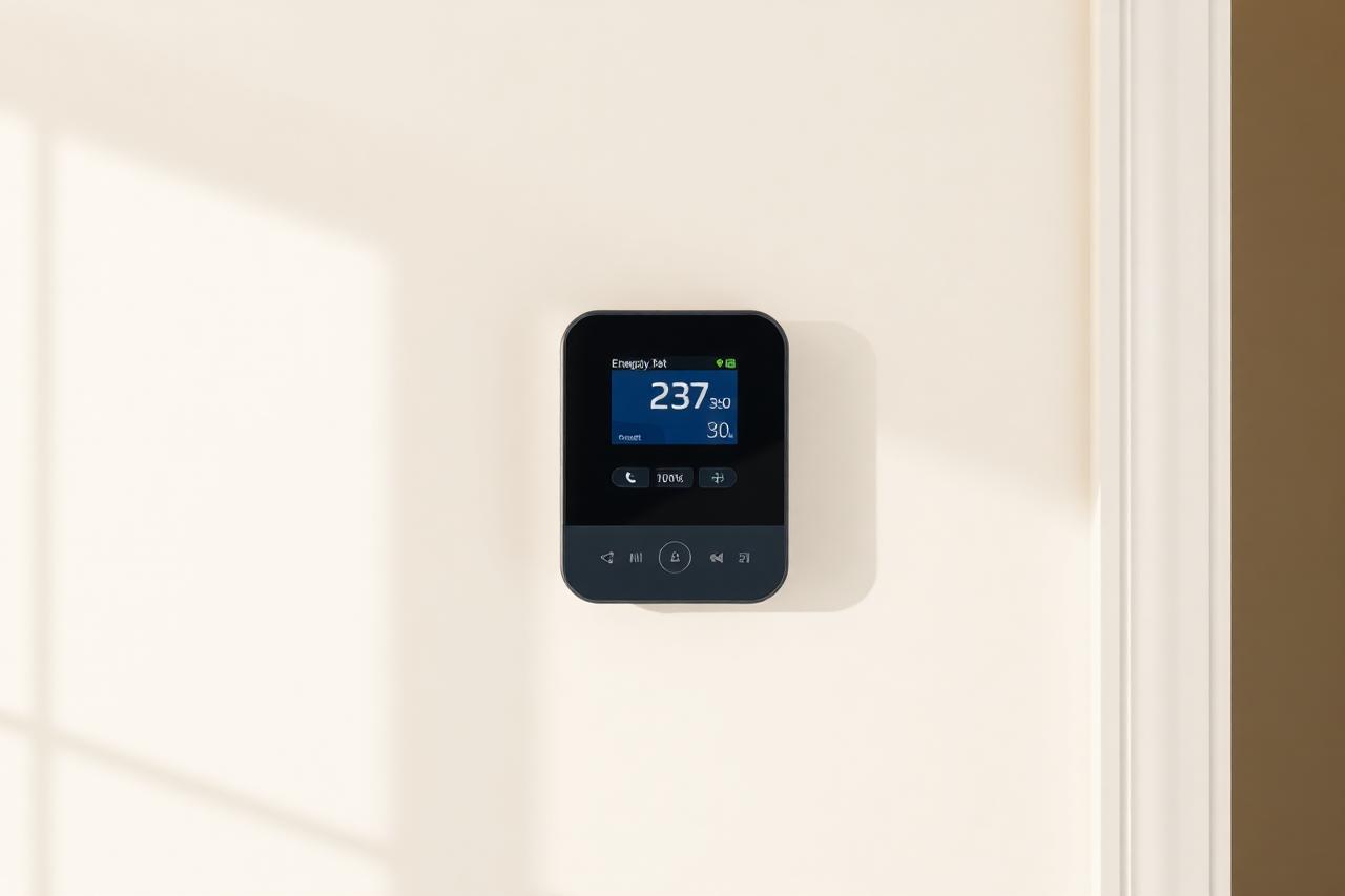 Digitales Energiemessgerät an einer hellen Wand