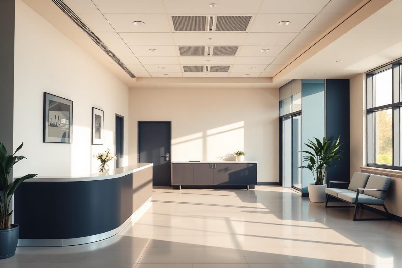 Moderner Klinikempfang mit Tageslicht